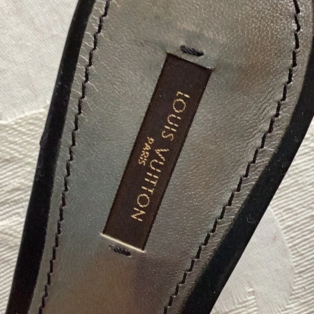 LOUIS VUITTON Black Fabric & Black Patent Mules